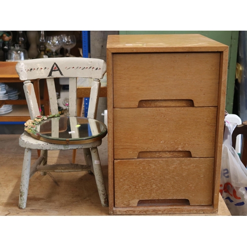 144 - Small painted child's chair, Barbola wall mirror and a stag three drawer bedside chest