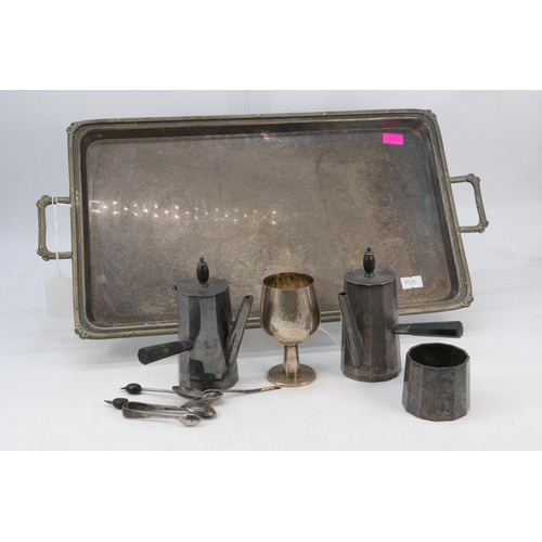 149B - A Daniel Barter tray with two hot chocolate pourers and a sugar bowl together with tongs and 2 bean ... 