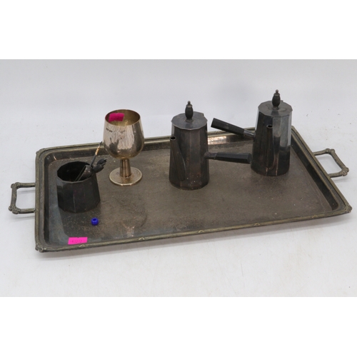 149B - A Daniel Barter tray with two hot chocolate pourers and a sugar bowl together with tongs and 2 bean ... 