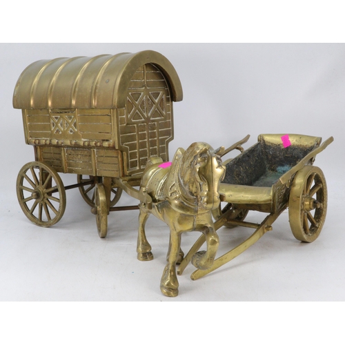 80B - Brass horse together with trap and gypsy caravan