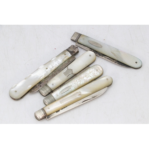 11 - Five silver bladed fruit knives with mother of pearl handles