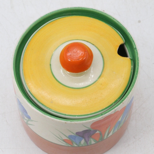 149 - Art Deco clarice cliff Crocus pattern jam pot and cover