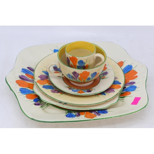 155 - Clarice cliff crocus pattern large dish together with a cup and saucer, coffee cup and two side plat... 