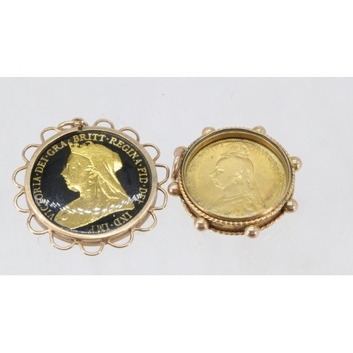 170A - Two Victorian gilded and enamelled coins in 9ct gold pendant mounts (approx. 13g)