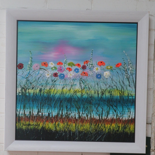 267A - Painting on board, signed by Ted Stourton, based in Tintagel, of flowers measures approx. 71cm x 71c... 