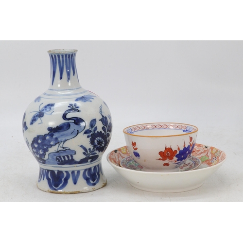 38 - Oriental decorative vase (noted repair) together with tea bowl and two small dishes