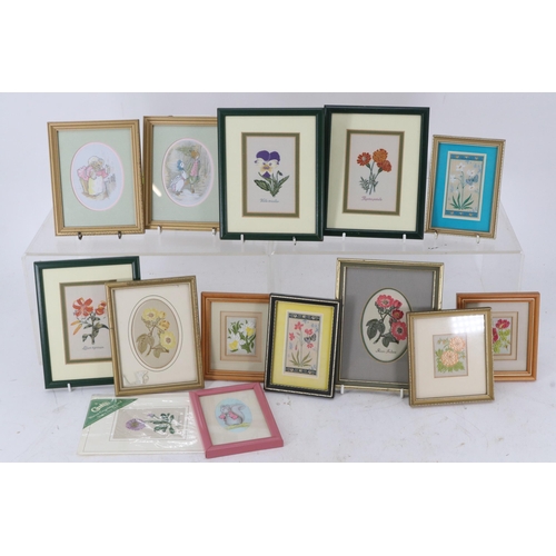 97 - Two Cash's Stevengraph Beatrix Potter framed silks together with others, mainly Cash's of wild flowe... 