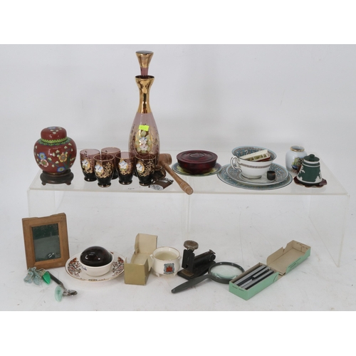 181 - Wedgwood Florentine trio, small selection of ceramics, and a Bohemian decanter and glasses set