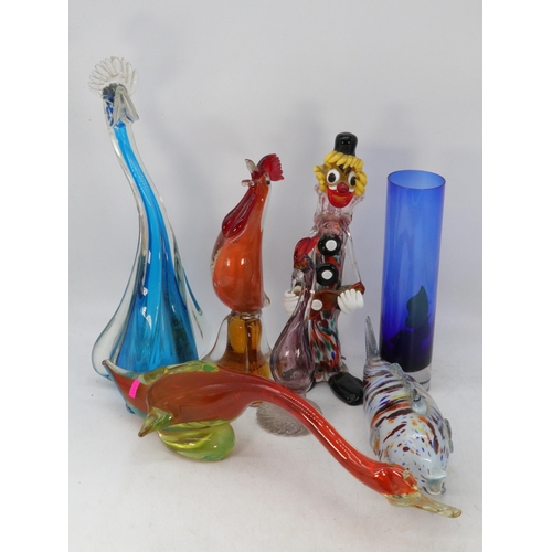 185 - Selection of art glass including Murano? Swan, Duck two cockerels, Blue vase and a Romanian fish and... 