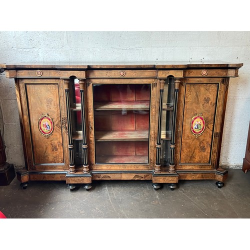 56 - Antique walnut credenza sideboard with centre display cupboard flanked by two doors set with porcela... 