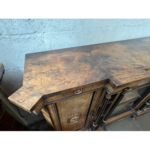 56 - Antique walnut credenza sideboard with centre display cupboard flanked by two doors set with porcela... 