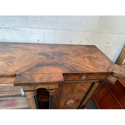 56 - Antique walnut credenza sideboard with centre display cupboard flanked by two doors set with porcela... 