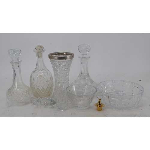 371 - Quantity of glass items, 1 silver rimmed vase together with Wedgwood vase, bowl, decanters and stopp... 