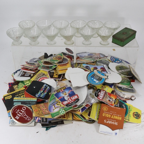 380 - Quantity of beer pump labels together with some glass sundae dishes, a tin and some scales