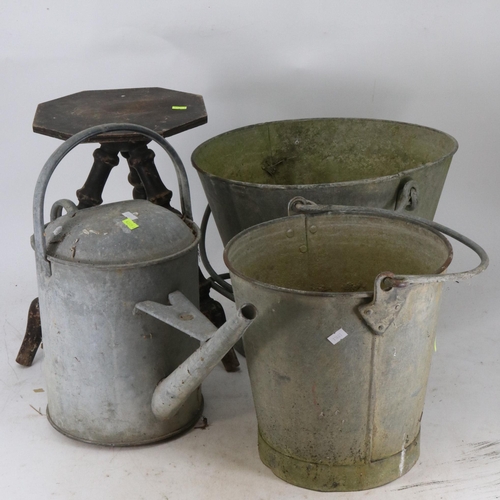 4 - Galvanised bucket, Coal bucket, watering can and a wooden stool.