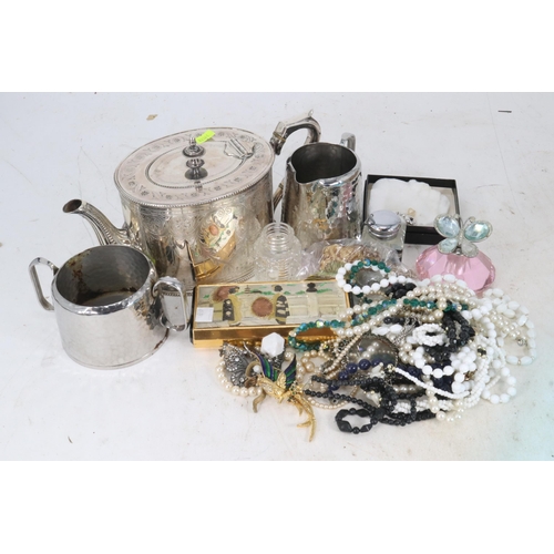 41 - Silver plated teapot, small amount of costume jewellery etc