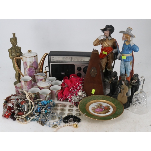 7 - National panasonic vintage radio, jazz figures, two ceramics muskateers, and mahogany metronome etc