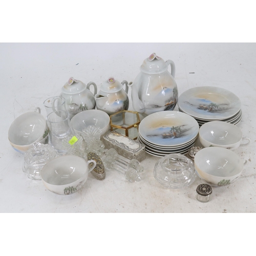 74 - Noritake egg shell tea set together with some glassware