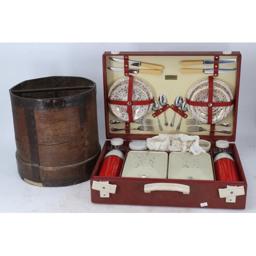 84 - Brexton rexine cased picnic set together with part of a butter churn (a/f)