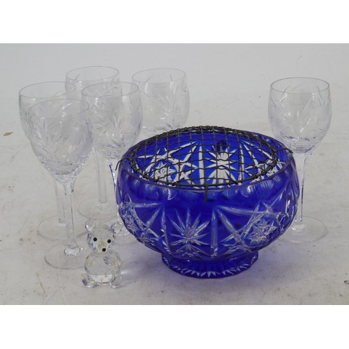 376 - A selection of drinking glasses together with a blue flash cut rose bowl etc