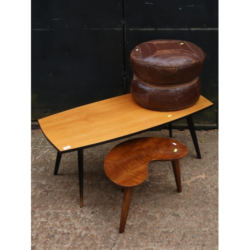 129 - Mid century coffee table together with a kidney shaped Yugoslavian side table, leather pouffe and a ... 