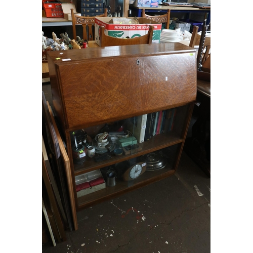 180 - An Oak students style bureau with sliding glass doors and bookshelf below