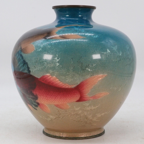 159 - A Japanese wireless cloisonne vase on bronze? depicting fish with an unfortunate smash to one side (... 