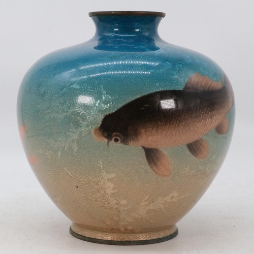 159 - A Japanese wireless cloisonne vase on bronze? depicting fish with an unfortunate smash to one side (... 