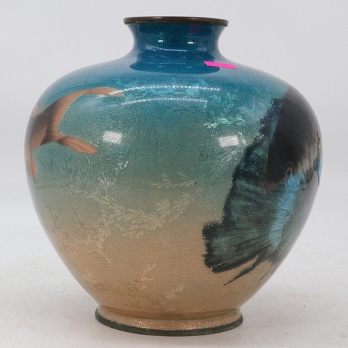 159 - A Japanese wireless cloisonne vase on bronze? depicting fish with an unfortunate smash to one side (... 