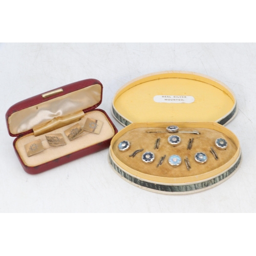 174 - Boxed set of silver buttons in original box together with a boxed set of cufflinks marked 9ct gold a... 