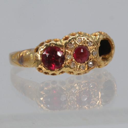 183 - 18ct gold dress ring set with small diamond chips and rubies (one ruby missing)