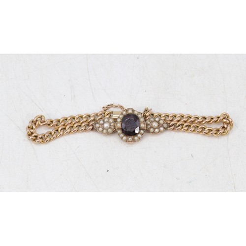 214 - 9ct gold garnet and seed pearl bracelet