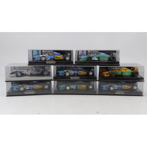 331 - Eight boxed Michael Schumacher collection minichamps formula 1 cars, Benneton Renault B 195 x3, Bian... 