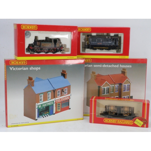 340 - Selection of boxed Hornby 00 gauge to include Victorian shops R274, Victorian Semi-detached houses R... 