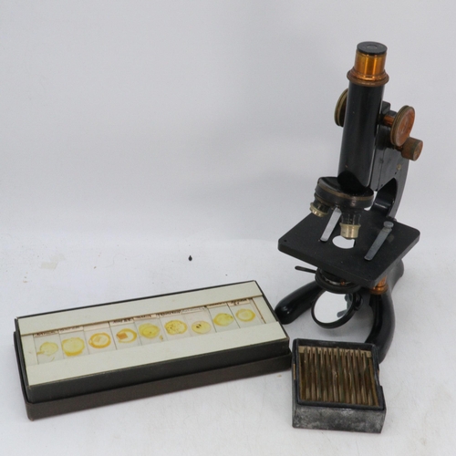 375 - Vintage Beck microscope with slides some from the 1950s