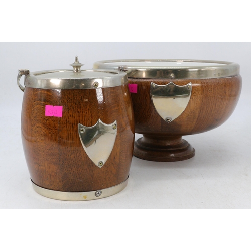 424 - Antique Oak bowl with ceramic liner together with a matching biscuit barrel