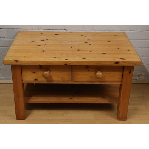 449 - Coffee table with two drawers and shelf underneath, wear to top, measures approx. 61cmd x 91.5cmw x ... 