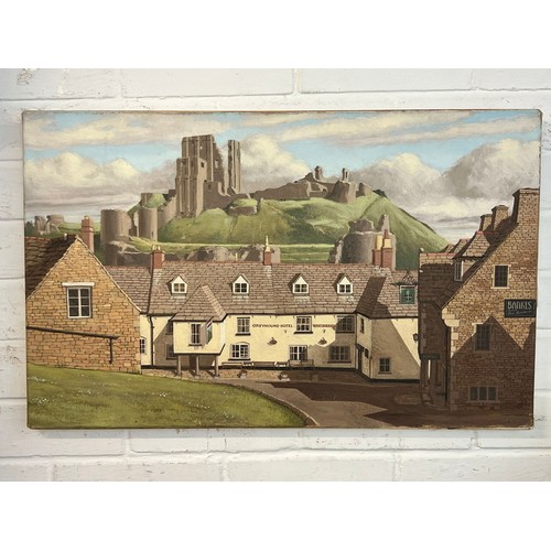 529 - Oil on board depicting a scene of corfe castle with the greyhound hotel below