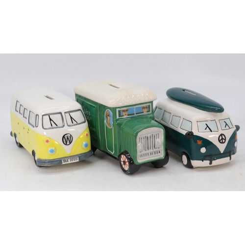 548 - Three novelty money boxes in the form of camper vans and delivery van together with a silver plated ... 