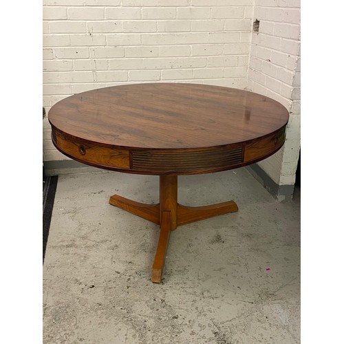 525 - WPR Robert Heritage Drum shaped dining table, fitted four drawers on centre column, three legged bas... 