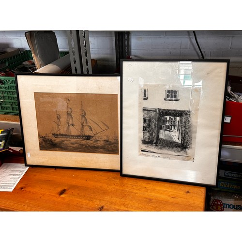 408 - Framed etching of a galleon together with another of a street scene