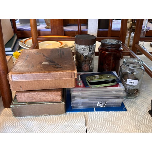 464 - selection of antique and later copper pennies, other coins and some vintage shop packaging