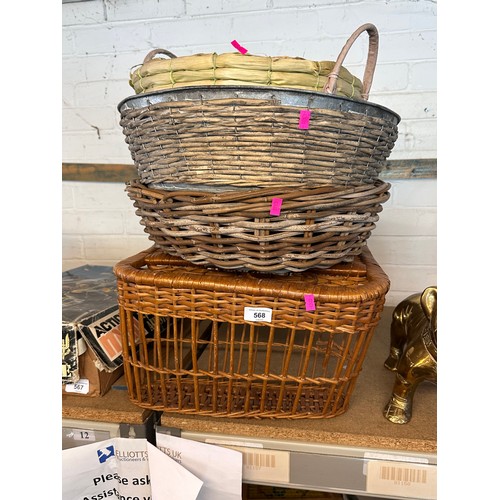 568 - Wicker breakfast tray together with a Metal lined wicker basket, and two other baskets