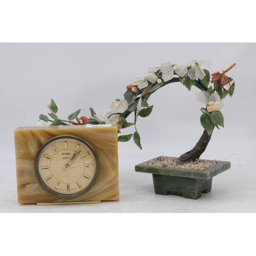 363 - A decorative soapstone bonsai tree, with metamec quartz mantle clock