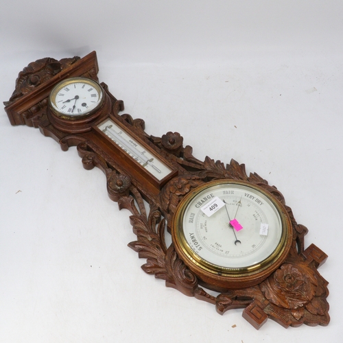 409 - Oak carved wall barometer thermometer and wall clock