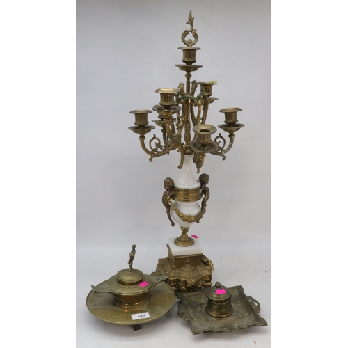 440 - Large gilt and alabaster candelabra and two brass inkwells.