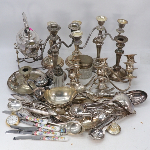 471 - Quantity of assorted silver plated items to include Kettle on Stand, candlesticks, Crown Staffordshi... 