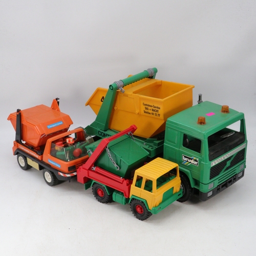 518 - Bruder large scale skip lorry together with a Bob the Builder skip lorry , Playmobile refuse lorry, ... 