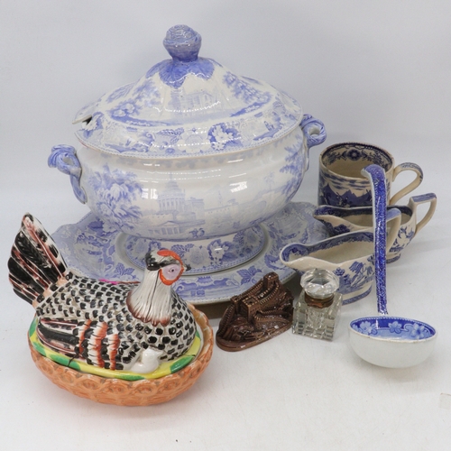 580 - Selection of antique blue and white including a large tureen, together with egg croc, etc