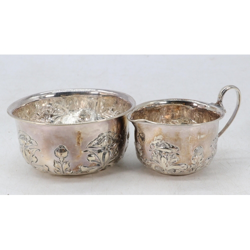 2 - Silver hallmarked art nouveau floral decorated silver jug and bowl, matching patterns but different ... 